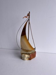 Brass And Copper Sailboat Sculpture On Onyx Base Signed By Dmotte