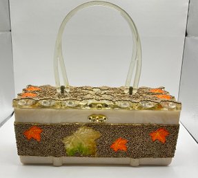 08. Vintage Lucite Golden Beads With Fall Leaves & Floral Burst Handbag Purse
