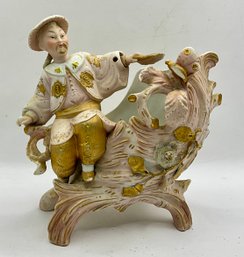Vintage Asian Man On Log Flower Vase Pot Moveable Hand W/Fan Butterfly & Flowers