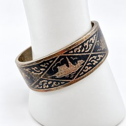 AN292 Vintage Sterling Silver Inlay Siam Niello Bangle Bracelet 6.5 In / 29.96gr