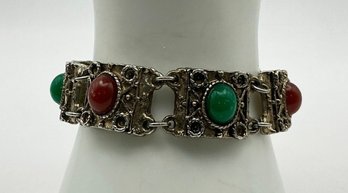 TC#23 LJM Gold Tone Vintage Beaded Square Panel Link Bracelet