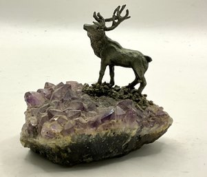 Vintage Stag Deer Sculpture On Natural Amethyst Crystal Cluster Geode Base