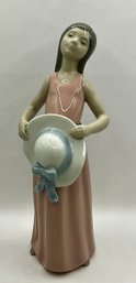 Lladro Girl W/Hat Figurine 01005472 Young Lady In Pink Dress Blue Ribbon Spain
