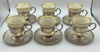 Antique Sterling Silver & Porcelain Lenox Demitasse Set Of 6- Circa 1940's