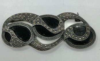 AN3 925 Sterling Silver And Three  Black Stones Pin Brooch 23.89g