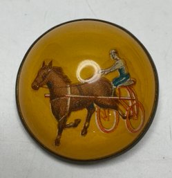 Victorian Domed Glass Horse & Carriage Brooch Pin