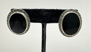 DF82 Vintage 925 Sterling Silver Marcasite And Onyx Oval Shape Stud Earrings 12gr