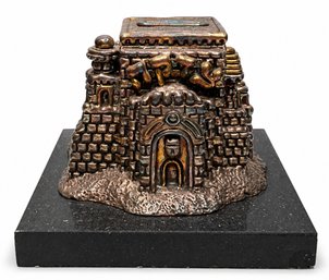 OA53 Jerusalem-Style Coin Bank With Hebrew Lettering On Black Display Base