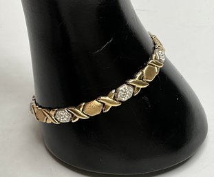 JA05  925 Sterling Silver And 10k Gold Cubic Zirconia Hugs And Kisses Link Bracelet 5.87gr