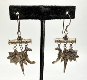 JA11 Vintage 925 Sterling Silver Sun Moon Lightning Bolt Dangle Earrings 8.66gr