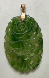 JA32 Vintage Hand Carved Green Nephrite Jade Floral Rose Pendant 14K Gold Bail Large 7.72gr