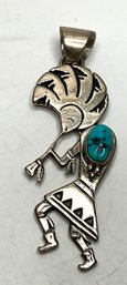 JA45 Vintage Signed AV Sterling Silver Kokopelli Turquoise Pendant Southwest Native American Style 20.24gr