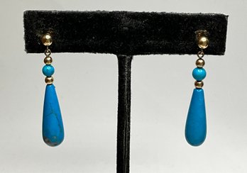JA34 Vintage 14K Gold  Turquoise Teardrop Dangle Drop Earrings 3.80gr