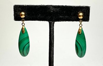 JA31 Vintage 14K Yellow Gold Genuine Malachite Teardrop Dangle Drop Earrings 8.13gr