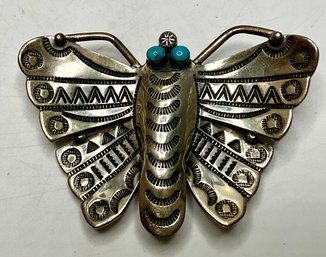 JA47 Federico Jimenez Heavily Stamped Sterling Silver Turquoise Eyes Butterfly Brooch 24.29gr
