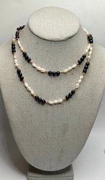 JA38 14K Gold Freshwater Baroque Pearl & Black Onyx Bead Opera Necklace 29.57gr