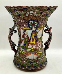 Early 20th Century Japanese Moriage Ceramic Double Handled Vase