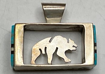 JA41 Signed AB Sterling Silver Turquoise Inlay Bear Shadowbox Pendant Southwestern Zuni 13.14gr