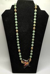 JA28 Vintage Aventurine Gemstone Beaded Necklace W/ Cloisonn Enamel Butterfly Pendant 126.22gr