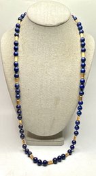 JA74 Vintage Lapis Lazuli Bead  And 14k. Gold Ribbed Spacer Beads Long Estate Necklace 79.22gr