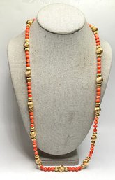 JA22 Vintage Long Coral Bead Necklace 14k. Gold  Ribbed Beads Estate Statement 38.86gr