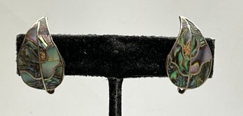 JA93 Vintage Mexico Sterling Silver Abalone Shell Leaf Screw Back Earrings 5gr