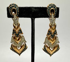 JA89 Vintage Trifari Gold Tone Blue & Clear Rhinestone Articulated Clip-On Earrings