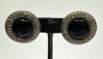 JA57 Vintage Judith Jack Sterling Silver Black Onyx Marcasite Round Clip Earrings 19.65gr