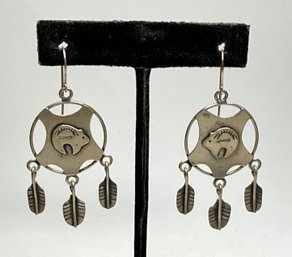 JA40 BH 925 Sterling Silver Southwestern Bear Dreamcatcher Dangle Earrings 9.24gr