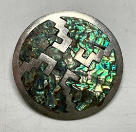 JA55 Vintage Mexican Sterling Silver Abalone Inlay Brooch Pendant Round Geometric 6.06gr