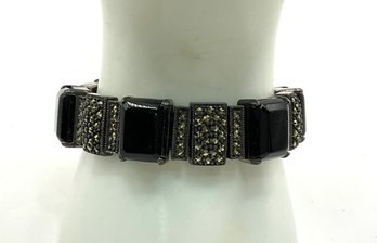 AF03 Judith Jack 925 Sterling Silver Marcasite And Onyx Link Bracelet 64gr