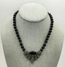 SV92 Vintage Judith Jack Sterling Silver Onyx Marcasite Art Deco Style Necklace 22gr