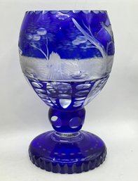 Bohemian Cobalt Blue Overlay Cut Crystal Vase Or Goblet