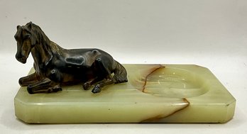 Vintage Green Onyx Ashtray Or Trinket Dish Metal-toned Horse Sculpture