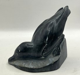 Vintage Inuit Soapstone Seal Sculpture Signed Paulosie Kan  Hand Carved Arctic Art