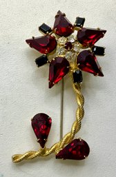DI14 Schreiner Vintage Ruby Red Rhinestone Floral Spray Brooch