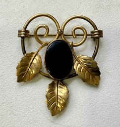 DI27 AMCO 1/20 12K GF Gold Filled  Black Oval Stone Art Nouveau Brooch Pin 4.38gr