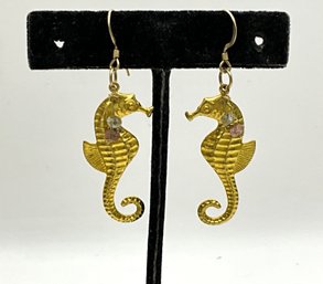 DI28 Vintage 14k G.F  Seahorse With Faceted Bead Accents Dangle Earrings 3.41gr