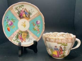 Meissen Quatrefoil Plate  And Cup Light Blue  Gilt Gold Watteau Scenes