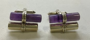 DI44 Vintage Sterling Silver And Amethyst Double Bar  Cufflinks 18gr