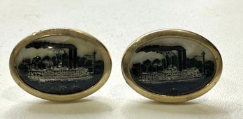 DI45 Old Vtg 1950s Hand Painted Side Wheeler Steamboats Reverse Glass Pair CuffLinks