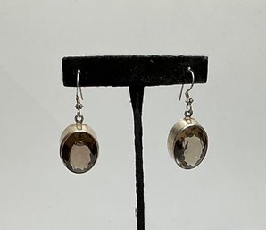 DE32 Elegant 925 Sterling Silver Dangle Earrings With Faceted Smoky-Tone Stones 18.82gr