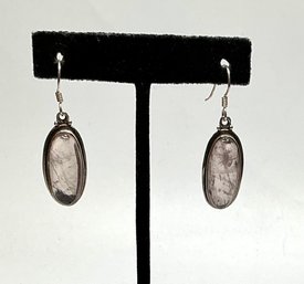 DE44 925 Sterling Silver Dangle Earrings With Oval Rose Quartz Cabochons 9.63gr