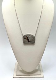 DE67 Vintage 925 Sterling Silver Skier Pendant Necklace With Inlaid Wood 30.1gr