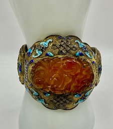 RR110 Chinese Enameled Gilt Silver Carved Amber Bracelet 69.22gr