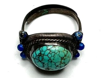 CW09 Vintage Adjustable Turquoise Ring With Decorative Blue Beads US Size 8.5