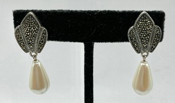 117* Judith Jack  Signed Sterling Silver  And Drop Pearl Stud Dangle Earrings 8.08g