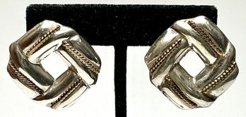 SSS62 Vintage Mexican 925 Sterling Silver And Gold-tone Braided Rectangular Earrings 19.14gr