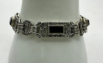 RR53 Vintage Sterling Silver Marcasite Black Onyx Art Deco Style Link Bracelet 33.62gr
