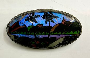 RR77 Vintage Brazilian Scenic Brooch Reverse Painted Glass Tropical Palm Tree IND Brasiler Pin